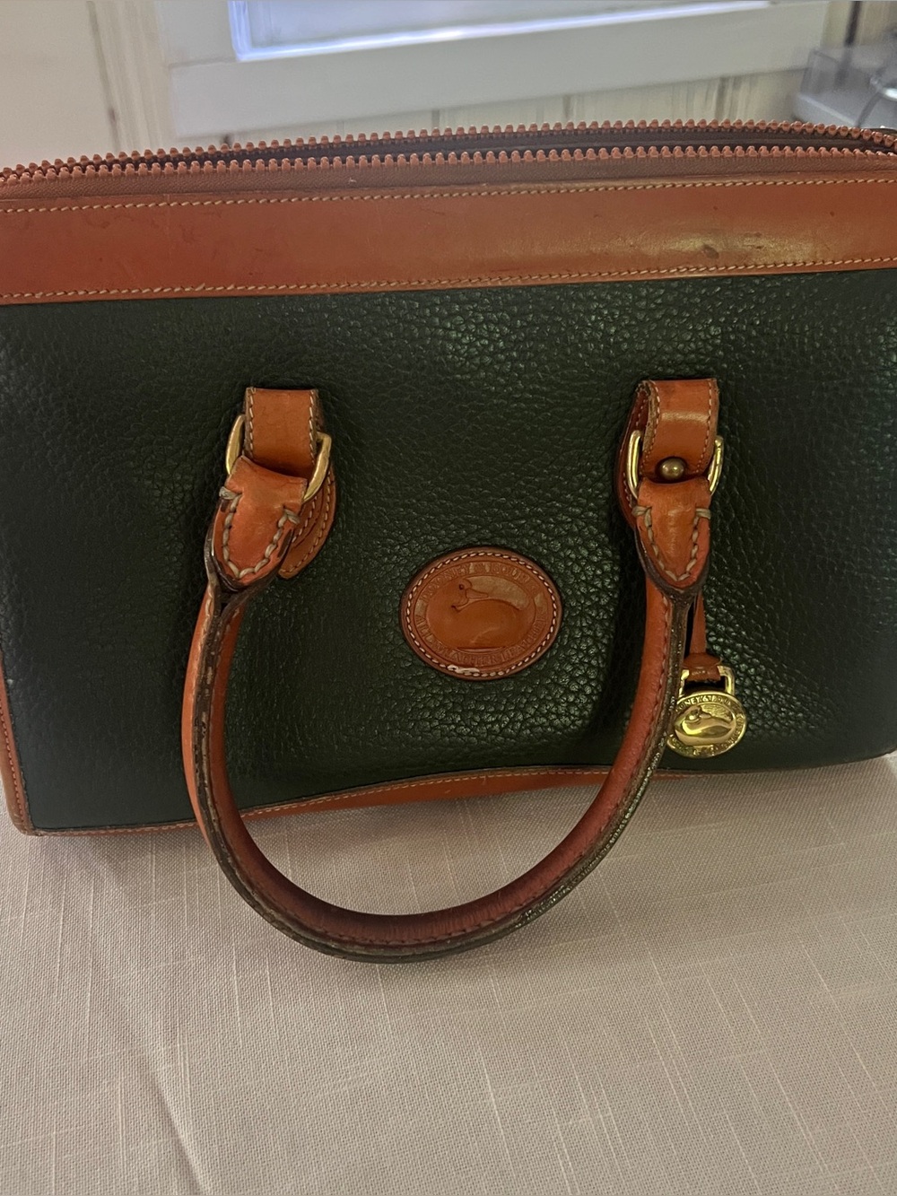 Vintage Dooney & Bourke Green and Brown Pebbled Leather Satchel
